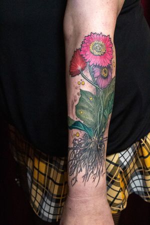 Beautiful floral tattoo by Gifford Kasen, featuring a detailed and artistic flower design on the forearm.