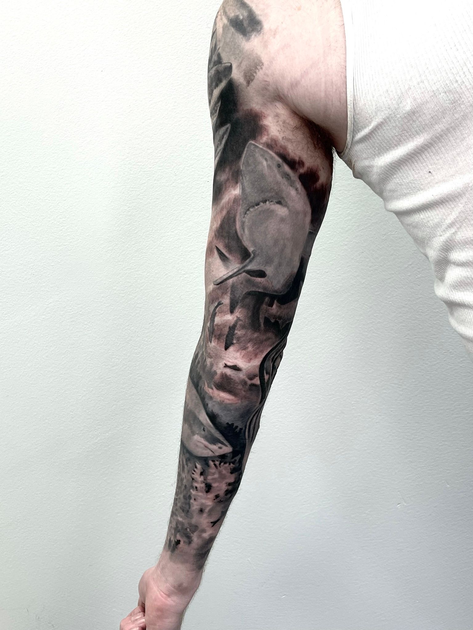 New Dawn Tattoo Gallery  FULL Underwater Leg Sleeve done by our award  winning artist Darren Millar who specialises in full colour pieces but can  also do fantastic black and grey tattoos