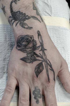 A stunning black and gray traditional tattoo of a rose intertwined with a dagger, expertly done by Gifford Kasen.