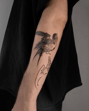 Celebrate freedom and grace with this stunning blackwork bird tattoo by FKM TATTOO on your forearm.