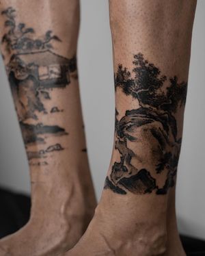 Unique blackwork tree design on lower leg by FKM TATTOO, perfect for nature lovers and tree enthusiasts.