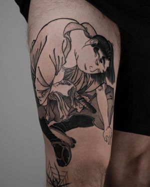 A striking tattoo featuring a man performing seppuku with a sword, done in intricate dotwork style by FKM TATTOO on the upper leg.