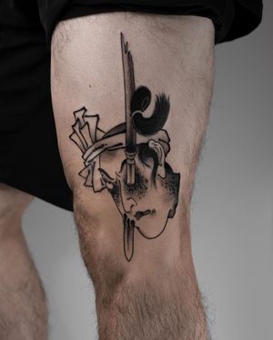 Exquisite blackwork tattoo featuring a man with a namakubi, sword, dagger, and knife. By FKM TATTOO.