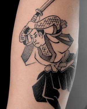 Experience stunning black and gray ink, dotwork, and fine line techniques in this samurai tattoo on your lower leg by FKM TATTOO.