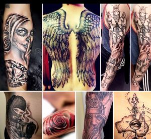 Tattoos done by myself, Artist Bella, at Platinum Tattoo Kelowna, Canada. Including a full mens backpiece wing tattoo, Viking sleeve tattoo, gangster girl rib tattoo, baseball rose tattoo and day of the dead girl sleeve tattoo. 