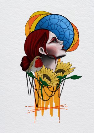 Girl Robin and sunflowers 