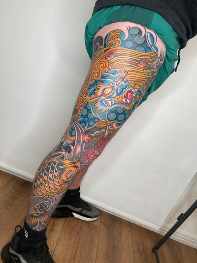 Leg sleeve completed for @gazbyrneie86 Thanks a million ! There will be more pics when it’s all healed and settled Dm me to book @lifestooshort.studio @limerick_tattoo_convention #foodog #foodogtattoo #koitattoo #onitattoo #japanesetattoo #legsleeve #legsleevetattoo #sleevetattoo #irezumi #bestirezumi #dublintattoo #dublintattoos #dublintattooartist #dublintattoostudio 