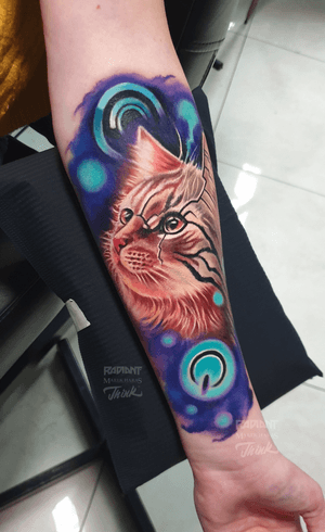 Get inked with a stunning new school realism cat tattoo by Marek Unfamous Haras, perfect for your forearm.