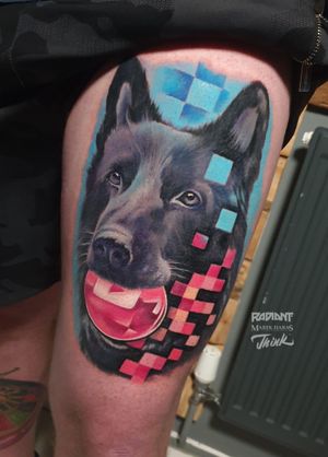 Get a stunning new school and realistic tattoo of a dog on your upper leg by the talented artist Marek Unfamous Haras.