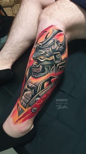 Embrace the ancient warrior spirit with this colorful new school tattoo featuring a samurai sword by Marek Unfamous Haras.