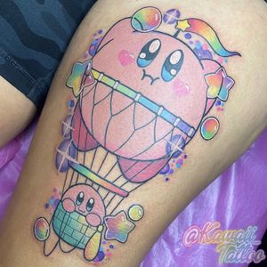 Kawaii Kirby hot air balloon with rainbows tattoo by Alexis Haskett