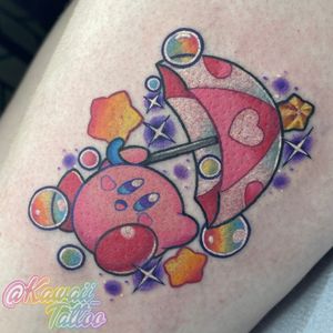 Kawaii Kirby and umbrella rainbow tattoo by Alexis Haskett