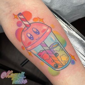 Kawaii Kirby boba tattoo by Alexis Haskett