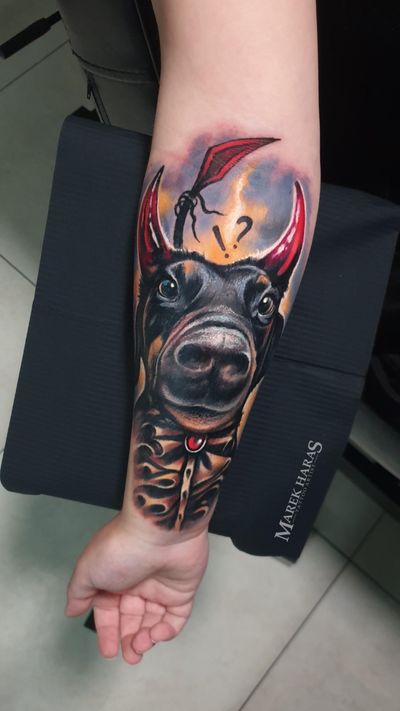 Vibrant new school style dog portrait with lifelike realism, beautifully executed by Marek Unfamous Haras on the forearm