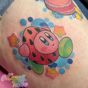 Kawaii kirby in a strawberry suit tattoo by Alexis Haskett