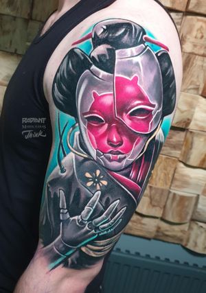 Get a stunning new school tattoo of a geisha woman on your upper arm by Marek Unfamous Haras. Vibrant colors and intricate details await!