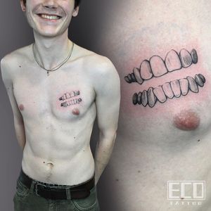 Get a striking black and gray fine line tattoo of teeth and smile designed by Lin Feng, perfect for your chest!