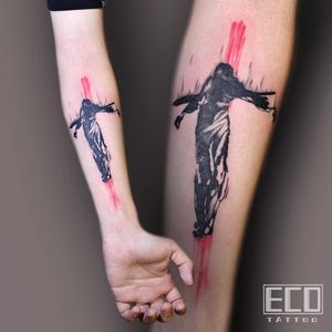 Check out Lin Feng's unique trash polka design featuring a cross and Jesus motif on the forearm.