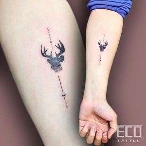 Lyrical portrayal of a deer in dotwork and fine line style, expertly crafted by Lin Feng on the forearm.
