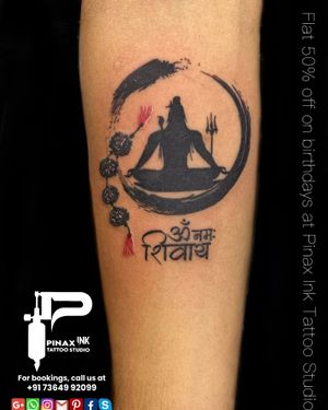 Shiva along with enso symbol and rudraksha tattoo by Pinaki Roy at Pinax Ink tattoo studio Coochbehar 