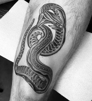 Get a striking black and gray snake tattoo by artist Matty Magee, blending traditional and modern styles seamlessly.