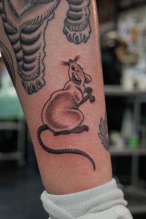 Get inked with a stunning fine line tattoo of a rat and mouse design by the talented artist Bananajims.