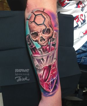 New school illustrative tattoo featuring a skull with a science theme, by Marek Unfamous Haras.