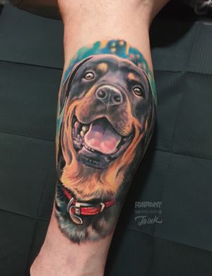 Get a unique and vibrant dog tattoo by renowned artist Marek Unfamous Haras, combining new school and realism styles for a striking look on your lower leg.