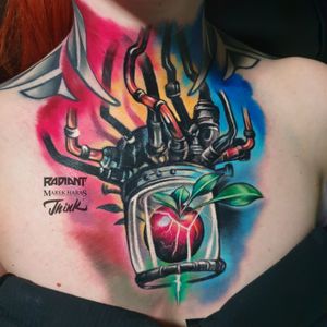 Vibrant new_school style apple tattoo by Marek Unfamous Haras, perfect for chest placement.