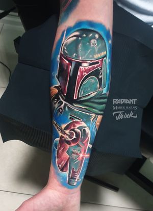 Capture the iconic Boba Fett in a stunning new school realism style on your forearm by Marek Unfamous Haras.