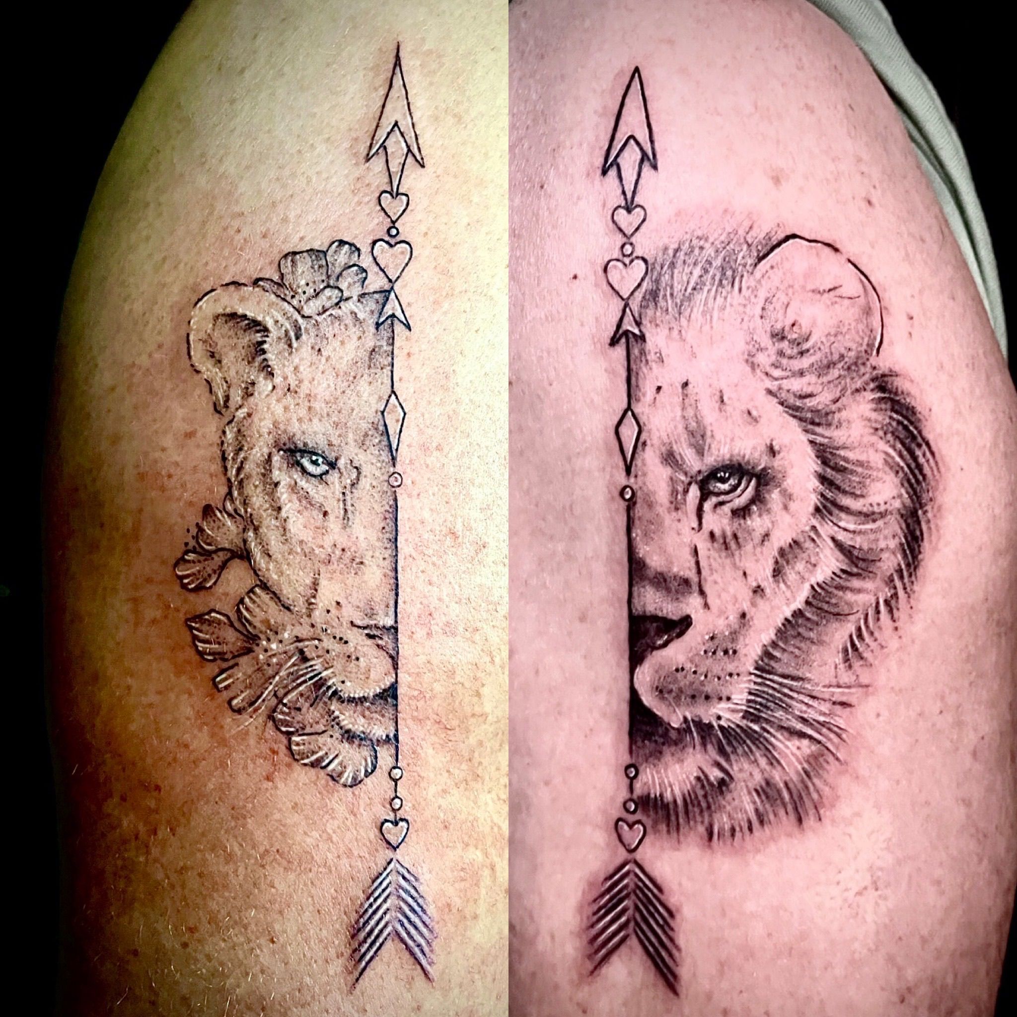 Husband and wife matching tattoos. Realistic lion and lioness tattoo on  calf. Animal portrait tattoo. Cou… | Couple tattoos, Lioness tattoo, Lion  and lioness tattoo