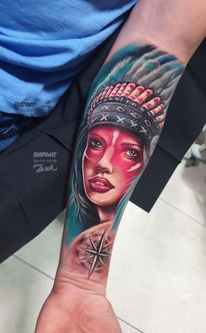 Get a stunning new-school realism tattoo of a native woman on your forearm by Marek Unfamous Haras.
