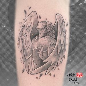 Get inked with a fine line anime style tattoo of angel wings on your lower leg by Galen Bryce (Drip Skull).
