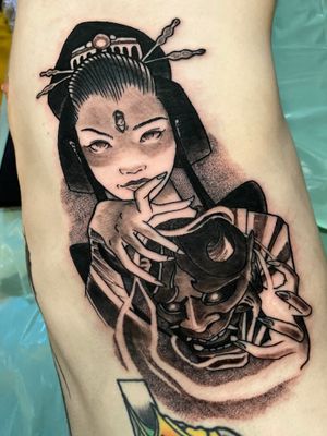 Stunning dotwork tattoo on ribs featuring a geisha, hannya, and girl design by Victor Martin.