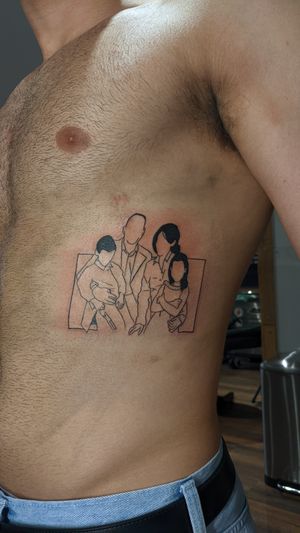 Elegant family portrait tattoo on ribs, expertly done in fine line style by Luca Salzano.
