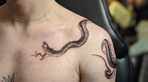 Exquisite black and gray snake tattoo with intricate details of tail and flickering tongue by Luca Salzano.