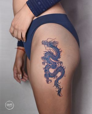 KaHo Inkshop: Asain Dragon tattoo in blue on hip design