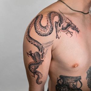 Impressively detailed black and gray dragon tattoo on the shoulder, by Delphin Musquet.
