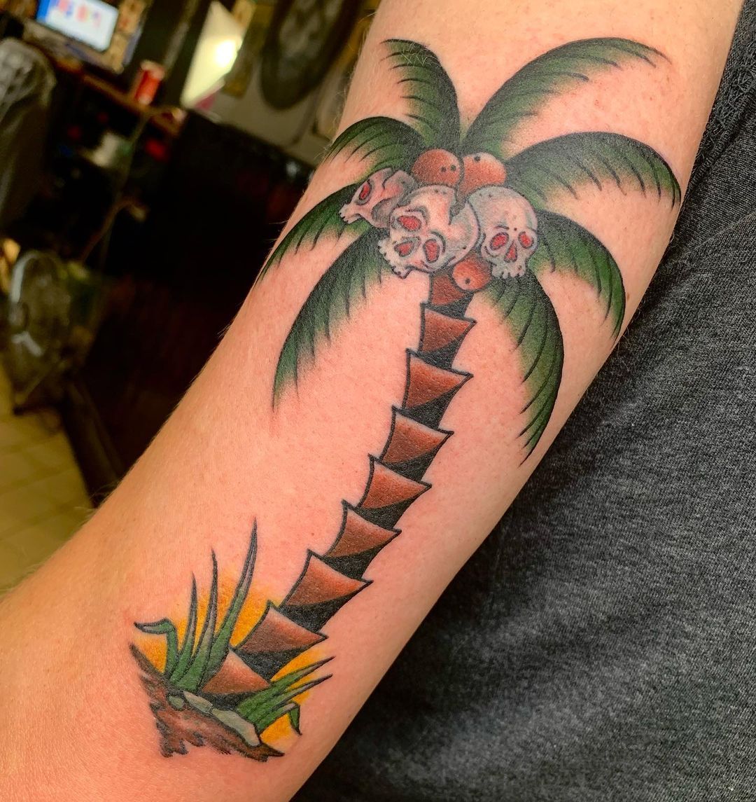 Started my leg sleeve Still healing Sunset with a palm tree and Maui in  the background Done by Tony Muchi  Skin Deep Tattoo in Lahaina HI  r tattoos