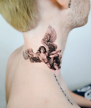 Discover the exquisite black and gray realism of this stunning angel tattoo by Delphin Musquet. A powerful symbol of protection and guidance.