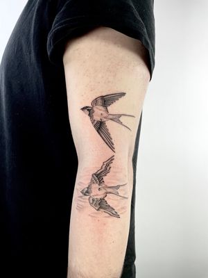 Get a stunning black and gray swallow tattoo on your upper arm by the talented artist Martin Rosenberg.