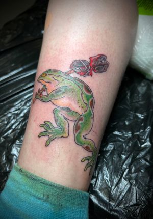 Little frog on the ankle tattooed by Harriet Street 