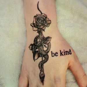 Be kind #snake #tattoo #rose #bekind #hand #black #blackink #font #feminine 
