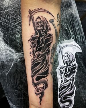 Intricately designed dotwork tattoo of a haunting reaper, crafted by the talented artist Kat Jennings.