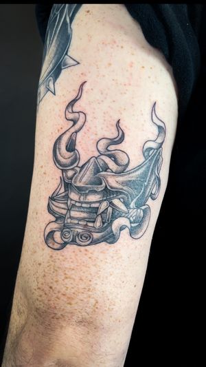 Detailed illustrative dotwork tattoo of a hannya mask, expertly crafted by Kat Jennings