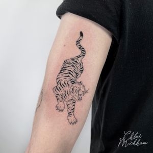 Experience the fierce beauty of this fine line tiger tattoo, expertly rendered by Chloe Mickham. Perfect for those who love nature and wildlife.