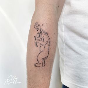 Get a unique and detailed bear tattoo done in fine line illustrative style by the talented artist Chloe Mickham.