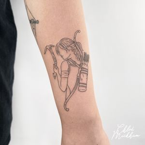 Get a stunning illustrative tattoo of Lara Croft from Tomb Raider by the talented artist Chloe Mickham. Perfect for fans of the iconic game character.