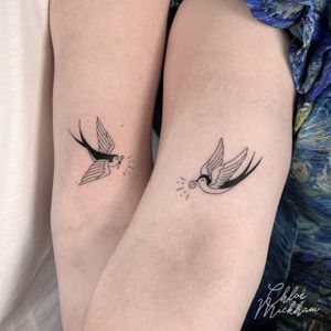 Capture the beauty of nature with this intricate fine line swallow tattoo by Chloe Mickham.