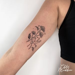 Get inked with a unique fine line tattoo featuring an alien and mushroom design created by the talented artist Chloe Mickham.